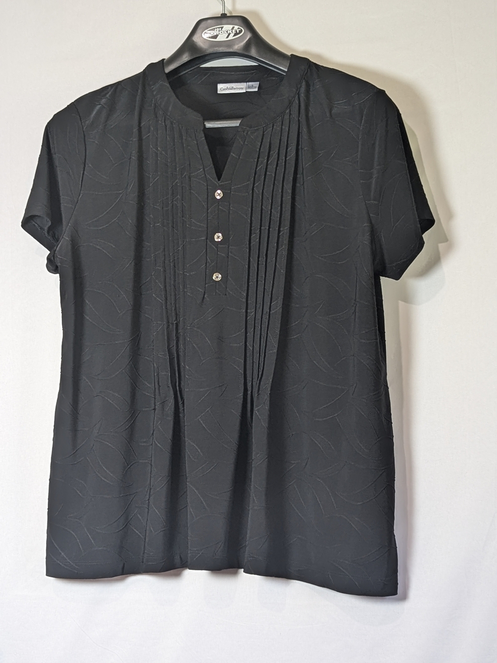 Croft & Barrow Black Short Sleeve Blouse Top Size L Pleated Front Tonal Leaf Pri